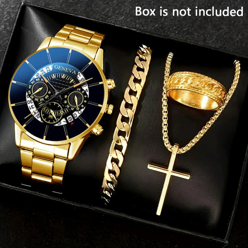 4pcs Men’s Stainless Steel Watch & Jewelry Gift Set – Quartz Business Watch with Matching Bracelet, Necklace & Ring for Anniversary, Birthday, Wedding & Promotions