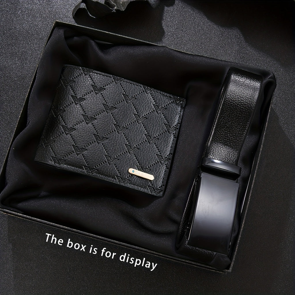 2-Piece Men’s Luxury Black Wallet & Belt Set – Slim PU Leather Dress Combo with Gold-Tone Logo – Valentine’s & Birthday Gift for Him