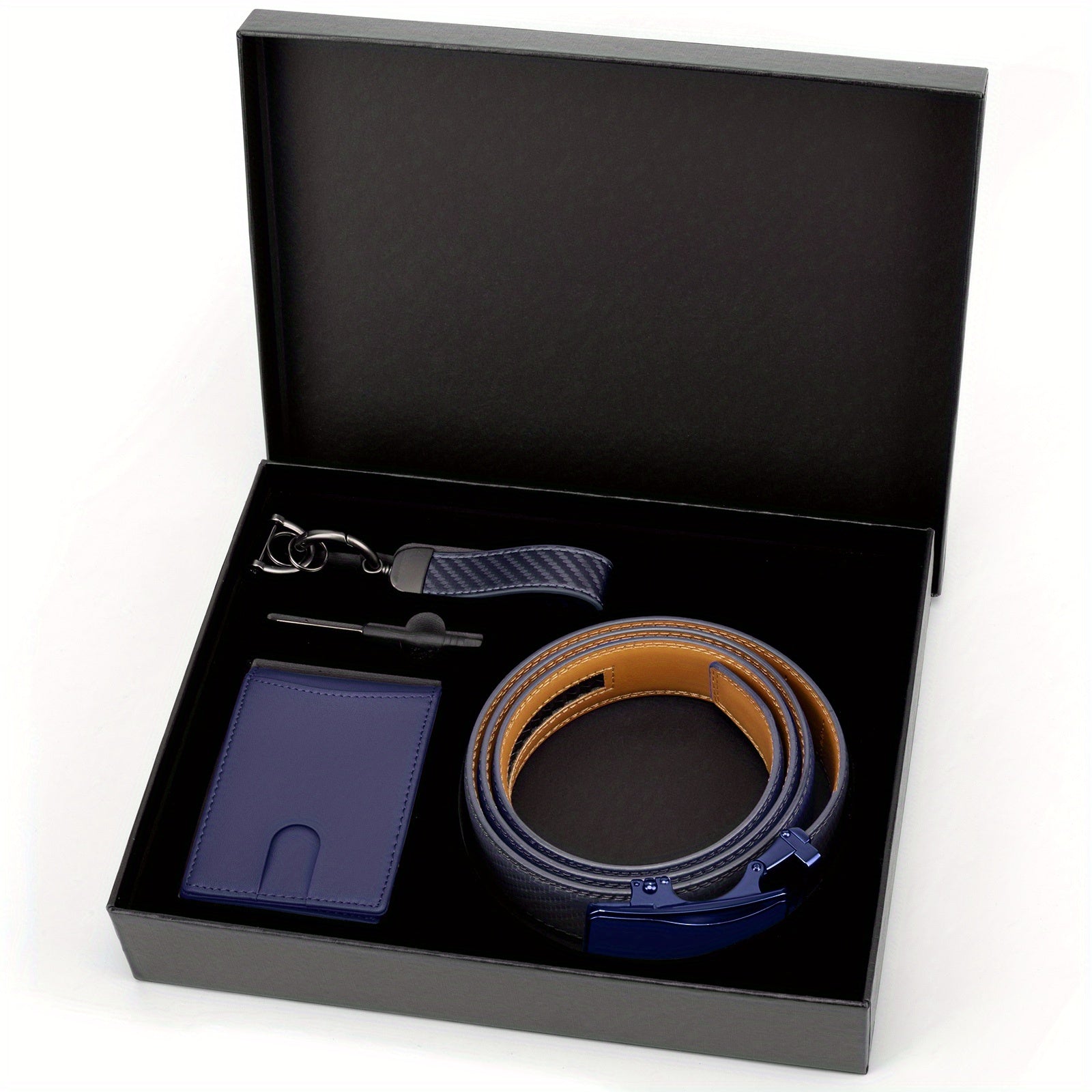 Men’s 4pcs Genuine Leather Belt Gift Set with Wallet & Keychain – Durable Microfiber & Cowhide Belt Combo in Gift Box – Best Father’s Day, Valentine’s & Christmas Present