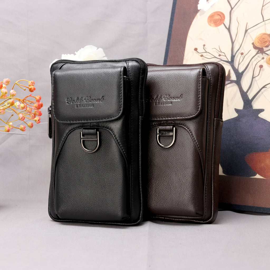 EAPN Men’s Genuine Leather Waist Bag & Wallet Combo – Black Top-Grain Crossbody Belt Bag with Multi-Pockets, Detachable Adjustable Strap & Zipper Closure for Daily Commute, Business & Casual