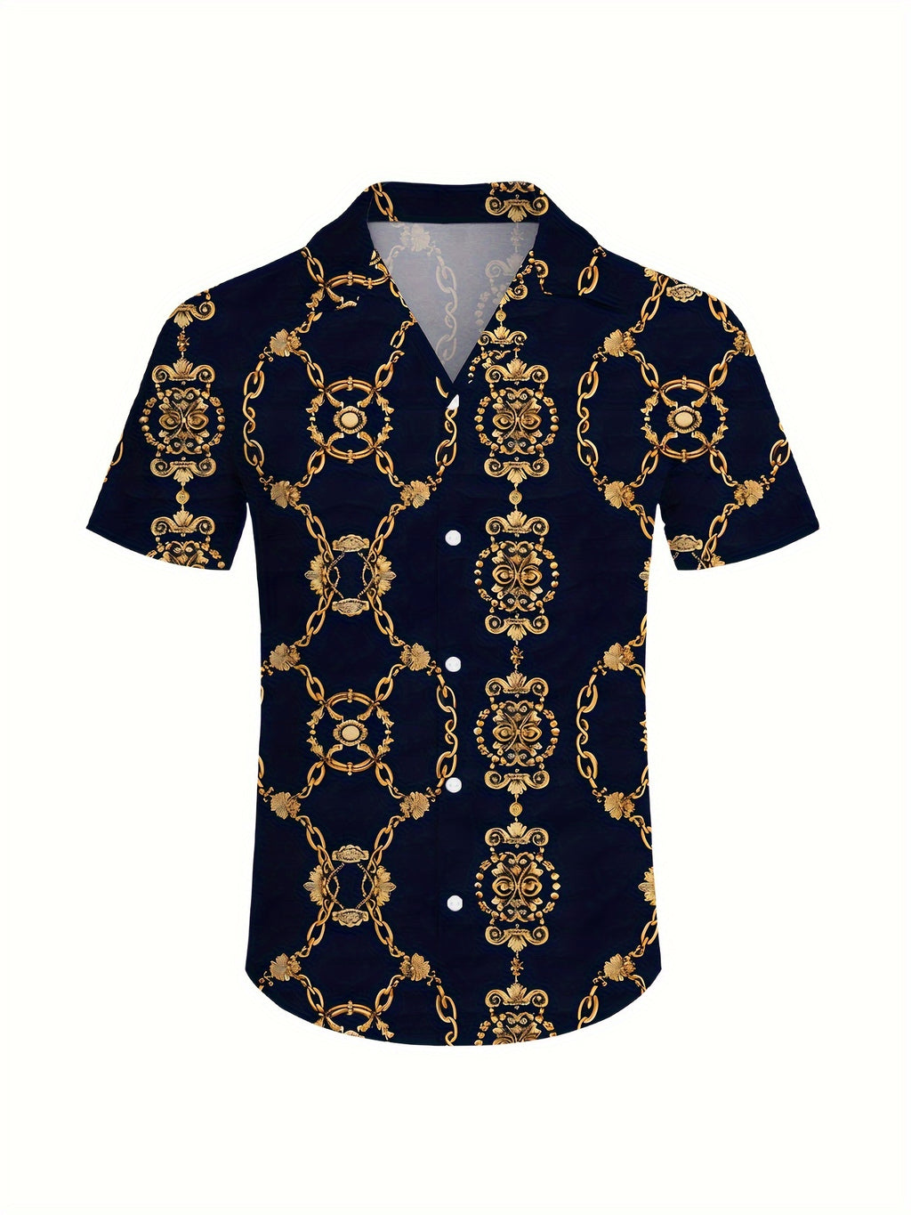 Men’s 3-Piece Retro Beach Outfit Set – Golden Chain Hawaiian Sportswear with Shirt, Shorts & Bucket Hat