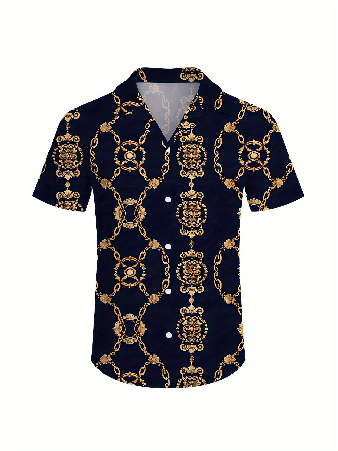 Men’s 3-Piece Retro Beach Outfit Set – Golden Chain Hawaiian Sportswear with Shirt, Shorts & Bucket Hat