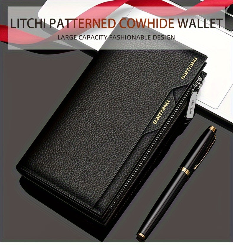 BANYANU Top Grain Leather Zipper Wallet – Large Capacity Multi-Card Holder with Lanyard, Faux Leather Lining & ID Window for Men and Women