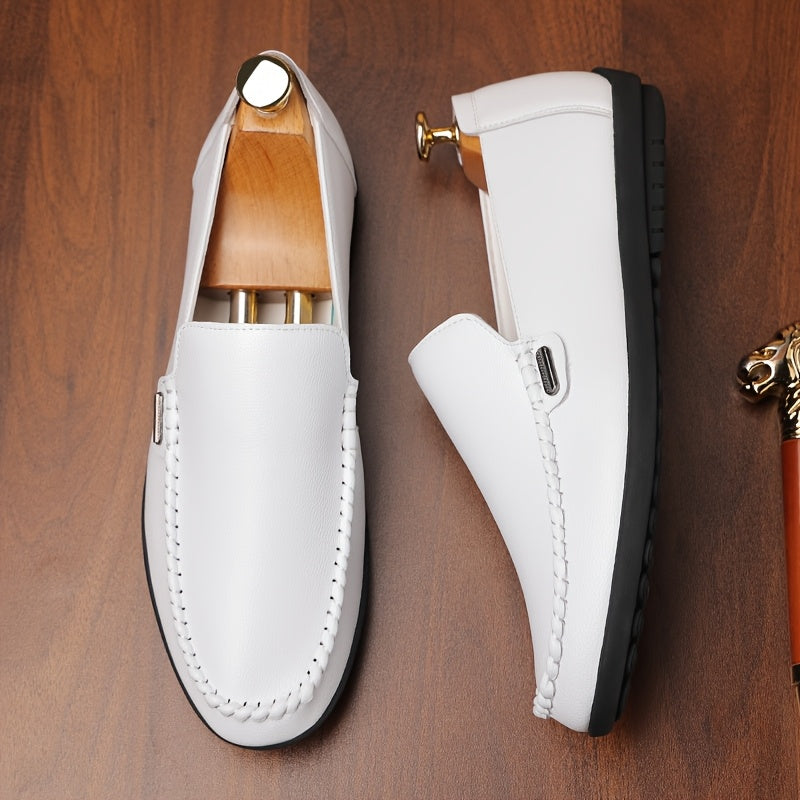 Men’s Business Casual Leather Loafers – Pointed Toe Slip-On Dress Shoes with Rubber Sole, All-Season Minimalist Office & Party Shoes (White)