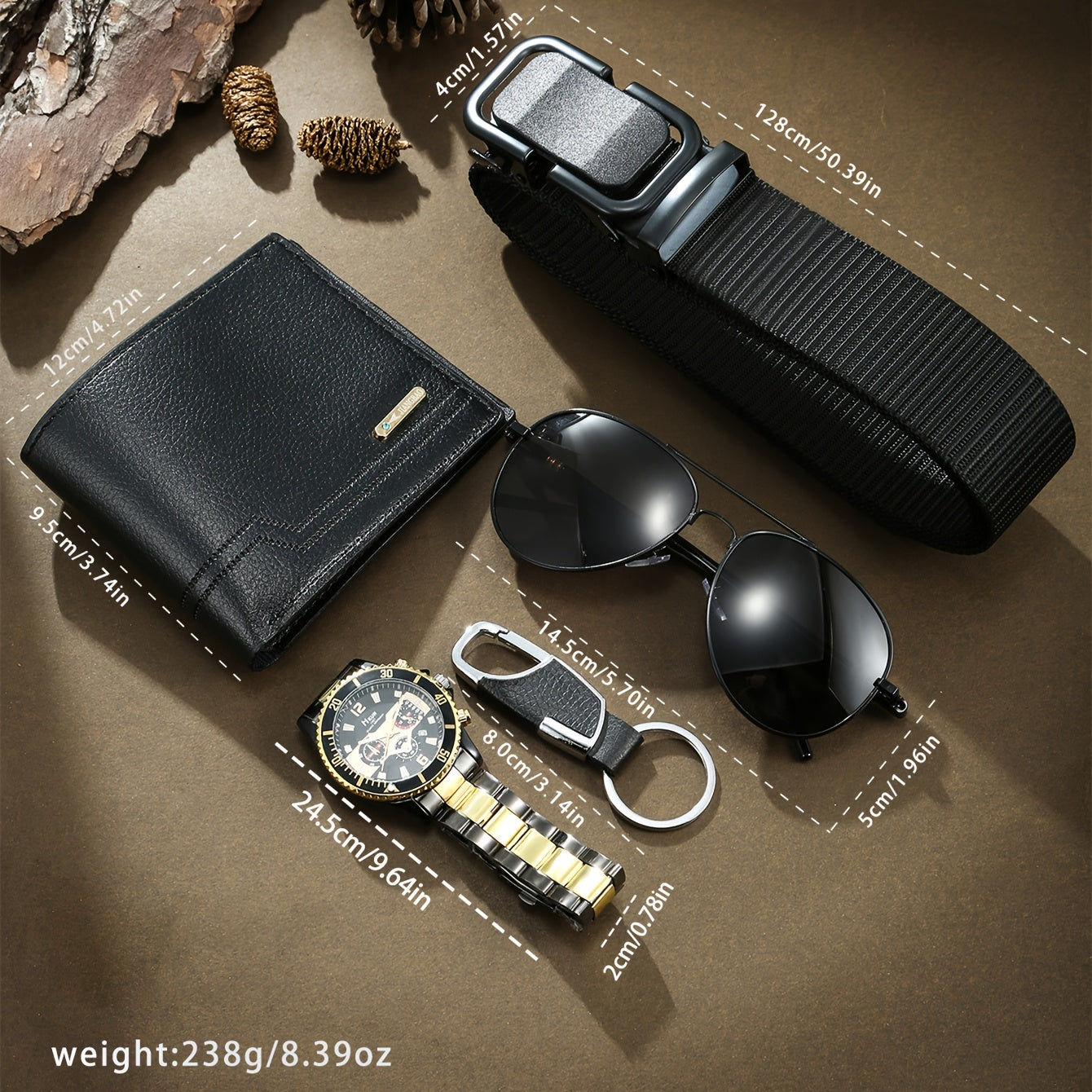 Men’s 5pcs Luxury Black Gift Set – Two-Tone Chronograph Watch, Wallet, Woven Nylon Automatic Belt, Pilot Glasses & Keychain in Elegant Box – Fashion Accessory Kit for Birthday, Halloween, Thanksgiving & Christmas