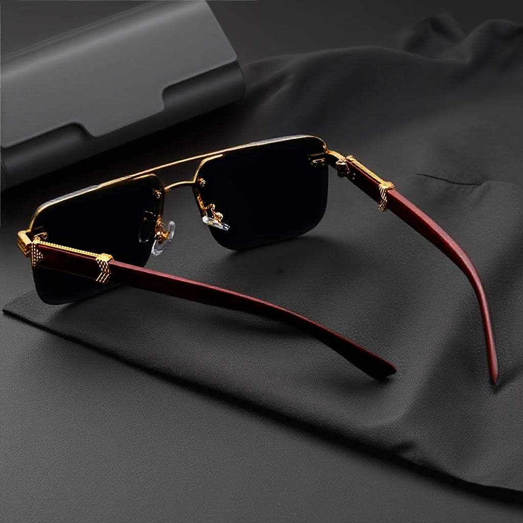 Men's semi-rimless business glasses - wood grain temple and lightweight metal frame Fashion Glasses, suitable for driving, travel self-driving, festivals and daily wear, fashion gift recommendation