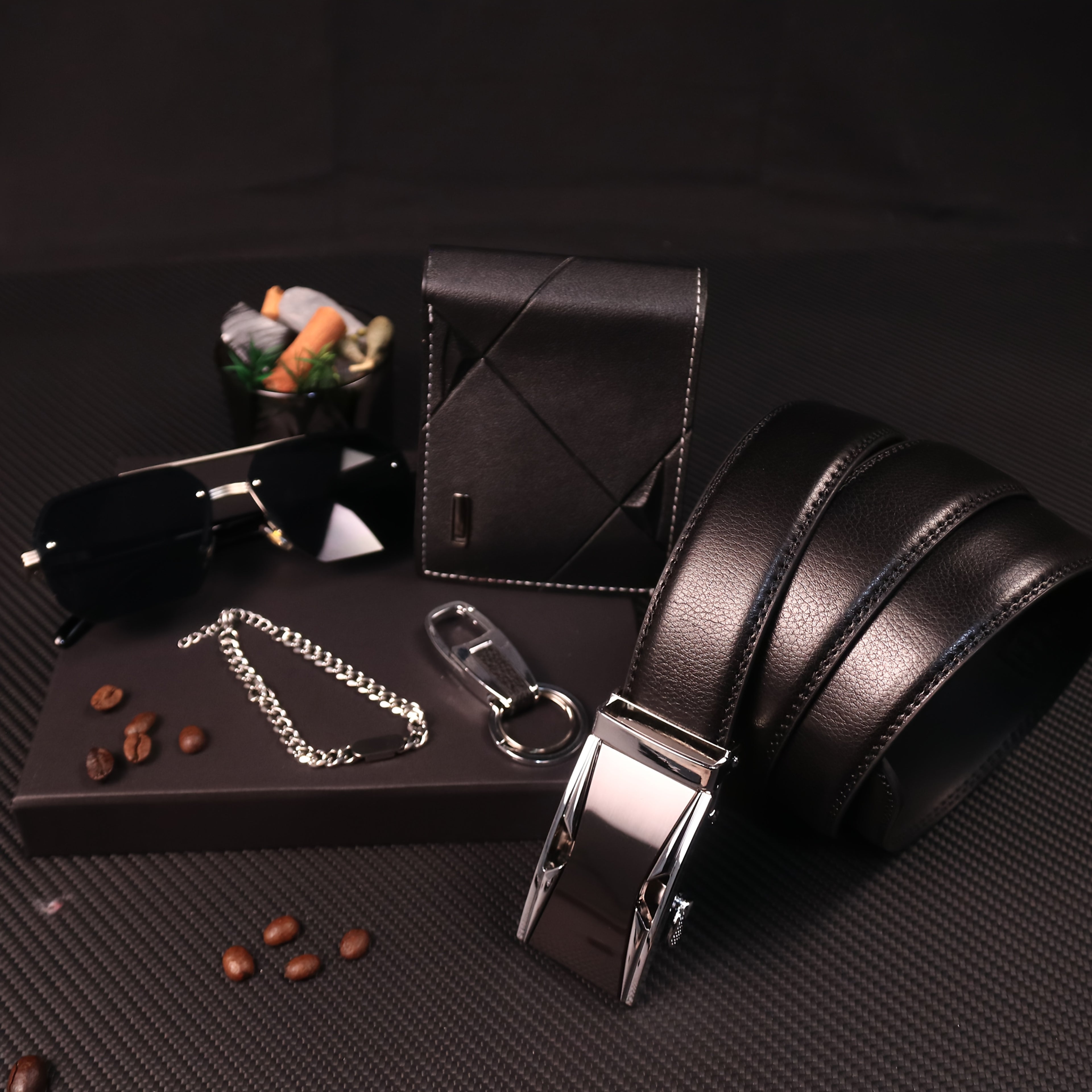 Men’s 6-in-1 PU Leather Gift Set – Belt, Wallet, Keychain, Bracelet, Glasses & Gift Box for Boyfriend, Husband, Dad – Birthday, Valentine’s Day & Father’s Day