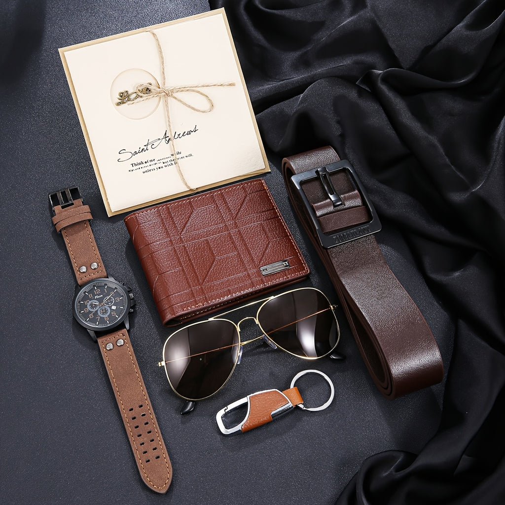 6-in-1 Men’s Dark Brown Christmas Gift Set – Quartz Watch, Wallet, Glasses, Belt, Keychain & Greeting Card – Business & Casual Luxury Accessories for Fathers, Leaders & Him