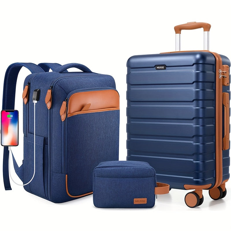 Luggage Sets 3pcs, Carry On Luggage 20 Inch With Spinner Wheels, PC Hardside Suitcase Set With TSA Lock, Durable Carry On Suitcase With Travel Backpack For Men Women