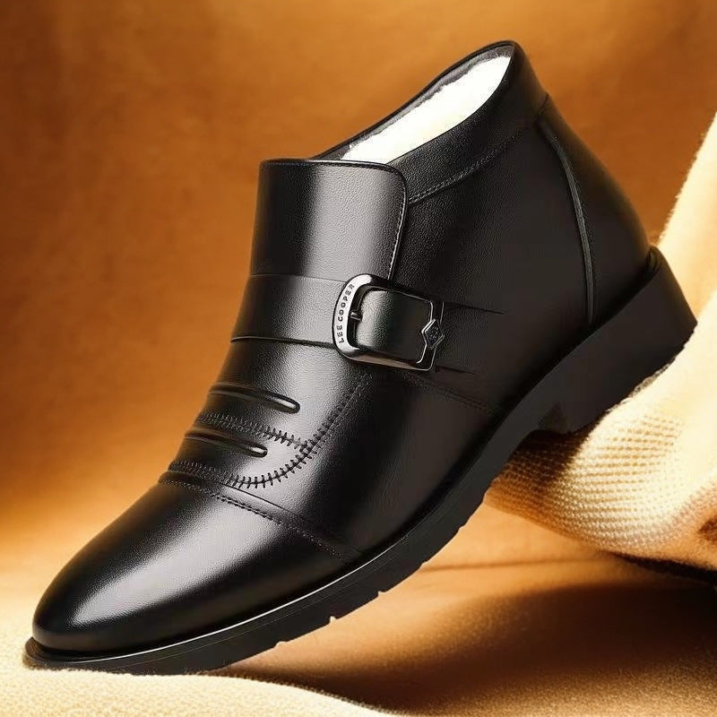 Men'S Winter Work Boots - Slip-On Business Casual Shoes with Non-Slip Rubber Sole, Warm Fleece Lining - Pointed Toe Formal & Everyday Boots for Elderly, Office, Wedding, Party - Easy-Clean Black Boots, Office Footwear, Sleek