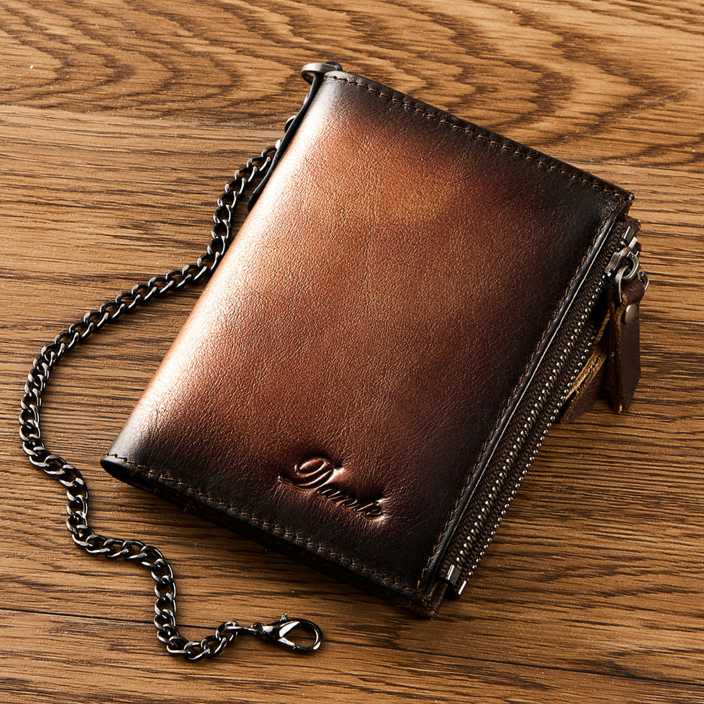 Men’s Brown RFID Blocking Leather Wallet with Chain – Zipper Coin Purse, Card Holder & ID Window, Top-Grain Business Wallet