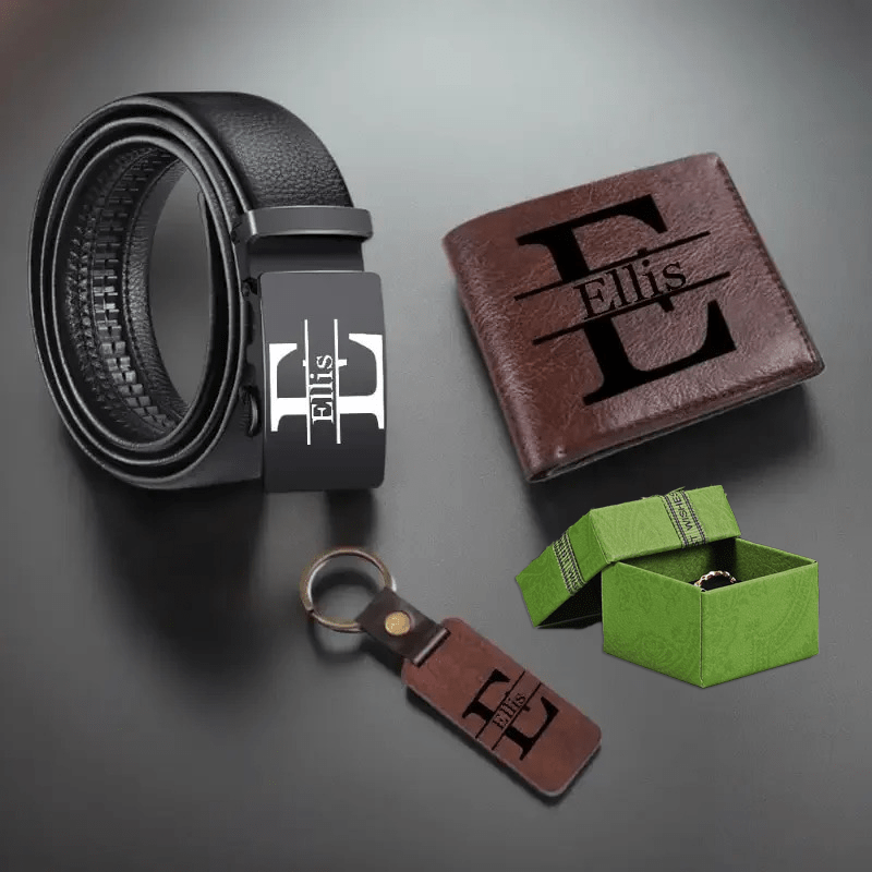 3pcs Customized Men’s Wallet, Belt & Pendant Keychain Gift Set – Vintage PU Leather with Large Name Personalization – Durable Daily Use Accessories for Father’s Day & Birthday Gifts