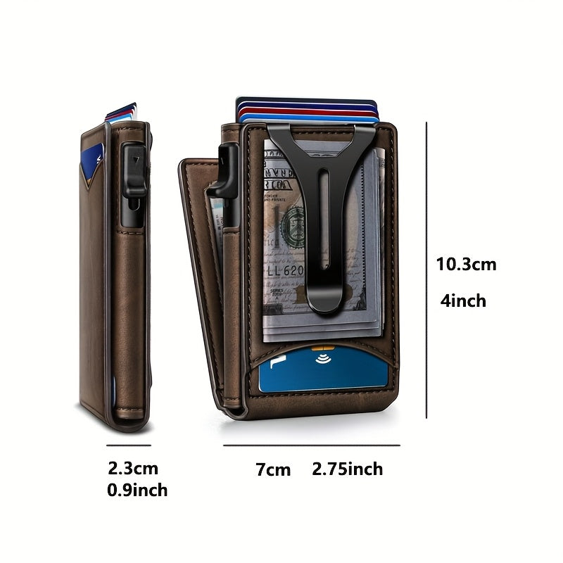 Men’s Burgundy RFID Blocking Metal Wallet – Ultra-Thin Pop-Up Aluminum-Style Cardholder with Cash Pocket & ID Slot for Everyday Carry, Business & Travel