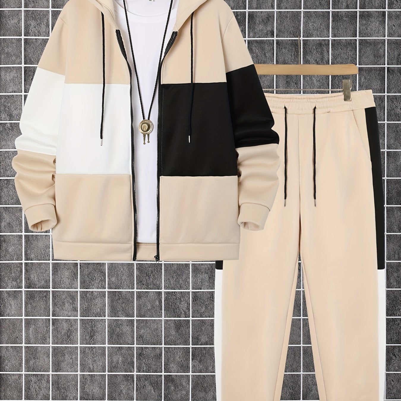 Men's clothing, two-piece set of contrasting color long-sleeved zippered hooded jacket and drawstring pants, suitable for outdoor activities