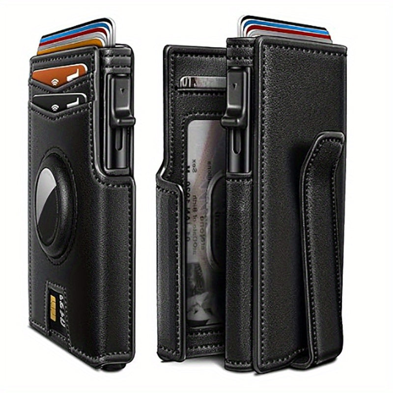 Retro Men’s RFID Blocking Card Case – Black Vintage Microfiber Leather Wallet with Pop-Up Multi-Slots, Magnetic Flip Cover, Coin Pocket & ID Window