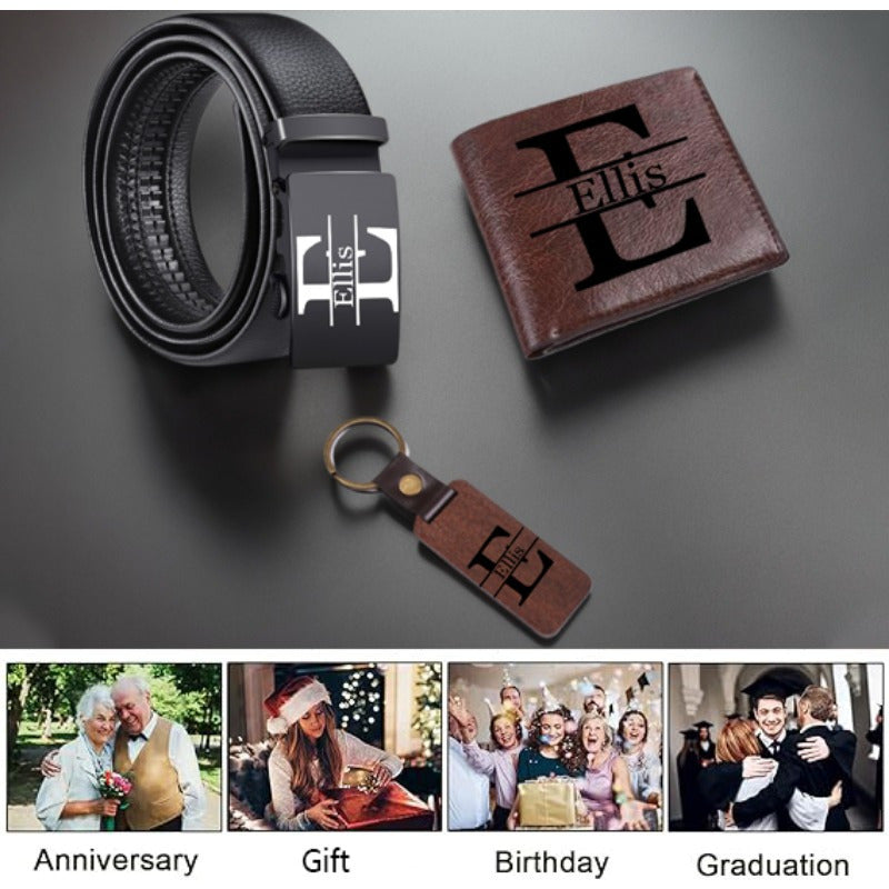 3pcs Custom Men’s Wallet, Belt & Keychain Gift Set – Personalized Name/Letter PU Leather Set for Father’s Day, Weddings, Birthdays & Graduation – Unique Gift for Son, Boyfriend, Friend & Classmate