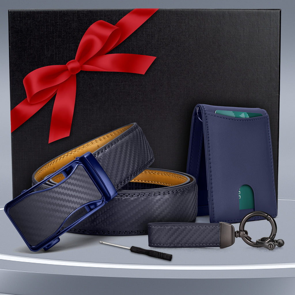 Men’s 4pcs Genuine Leather Belt Gift Set with Wallet & Keychain – Durable Microfiber & Cowhide Belt Combo in Gift Box – Best Father’s Day, Valentine’s & Christmas Present