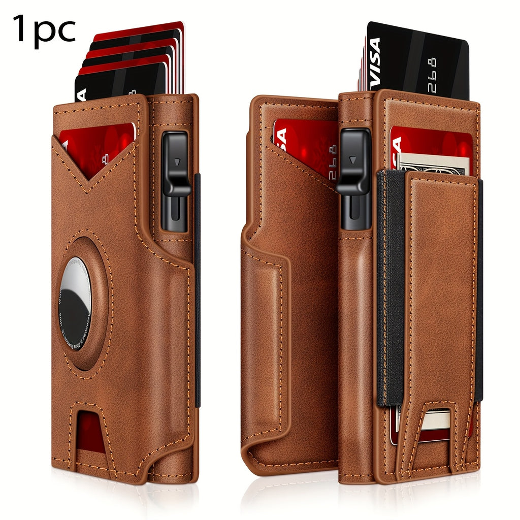 Men’s RFID Blocking Smart Bifold Wallet – Coffee Brown Microfiber Leather, Aluminum Card Holder, Elastic Cash Slot & Magnetic Closure