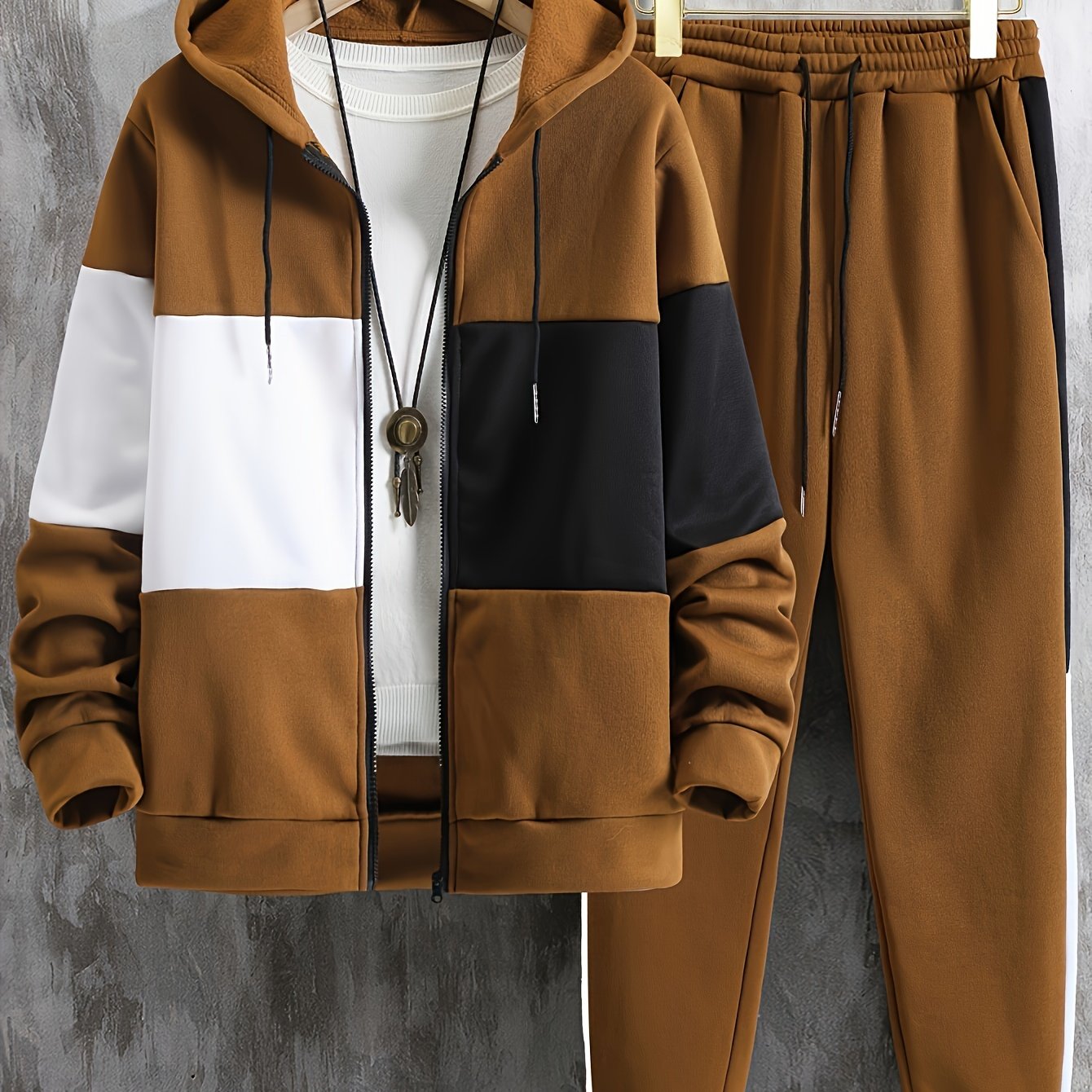 Men's clothing, two-piece set of contrasting color long-sleeved zippered hooded jacket and drawstring pants, suitable for outdoor activities