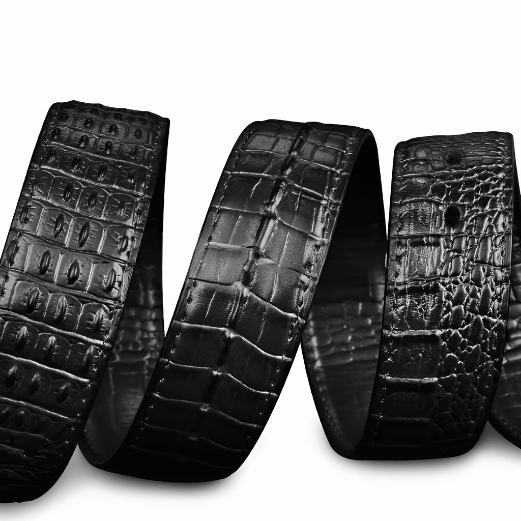 Men’s Crocodile Pattern Embossed Leather Belt – Black Two-Layer Cowhide Belt with Animal Buckle, Casual Fashion Waist Belt for Jeans & Dress Pants