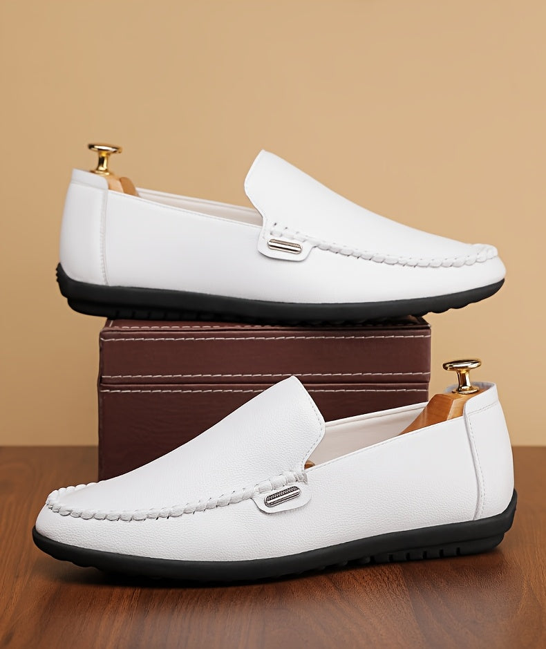 Men’s Business Casual Leather Loafers – Pointed Toe Slip-On Dress Shoes with Rubber Sole, All-Season Minimalist Office & Party Shoes (White)