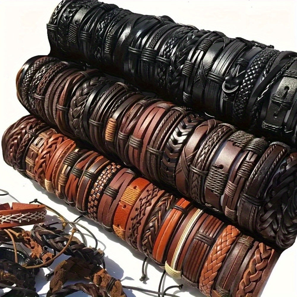 10pcs Mixed-Color Hand-Woven Bracelet Set – Retro Ethnic Vintage Style Unisex Artificial Leather Bracelets for Casual Wear & Halloween Gifts