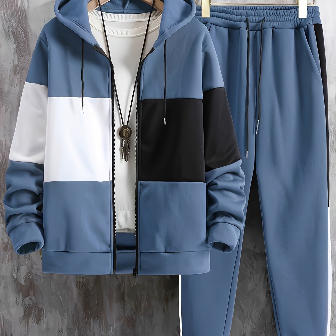 Men's clothing, two-piece set of contrasting color long-sleeved zippered hooded jacket and drawstring pants, suitable for outdoor activities