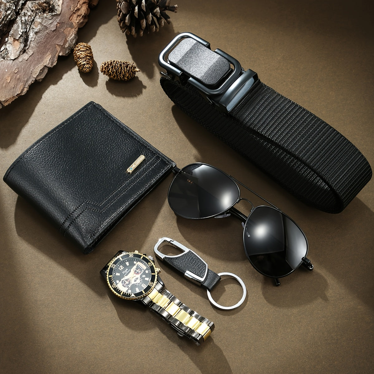Men’s 5pcs Luxury Black Gift Set – Two-Tone Chronograph Watch, Wallet, Woven Nylon Automatic Belt, Pilot Glasses & Keychain in Elegant Box – Fashion Accessory Kit for Birthday, Halloween, Thanksgiving & Christmas