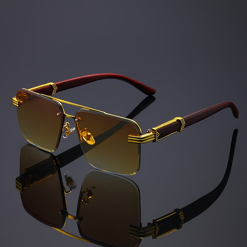 5 Pairs Retro Double-Bridge Fashion Glasses – Rimless Hollow Frame Polycarbonate Eyewear with Wood Grain Arms for Men & Women, Lightweight Decorative Party Eyeglasses